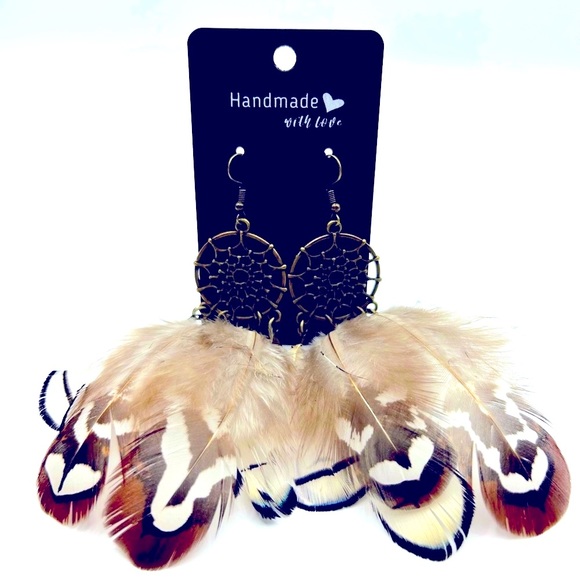 Handmade Antique Bronze Natural Feather Dream Catcher Earrings! - Picture 4 of 5